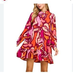 TCEC Pink and Orange Abstract Long Sleeve Dress